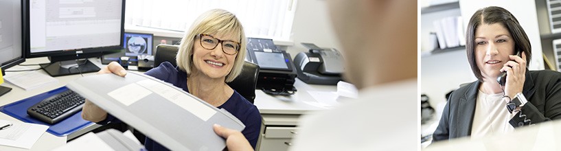 Heidi Neumeyer und Sabrina Frey bei der Arbeit mit Kunden am Telefon und im Büro